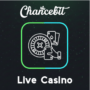 Chancebit live casino banner showing a roulette wheel and playing cards icon on a dark background, with ‘Chancebit Live Casino’ text.