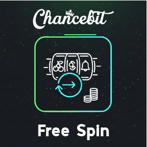 Chancebit free spin banner showing a slot machine with rotating symbols and coins on a dark background, with ‘Chancebit Free Spin’ text.